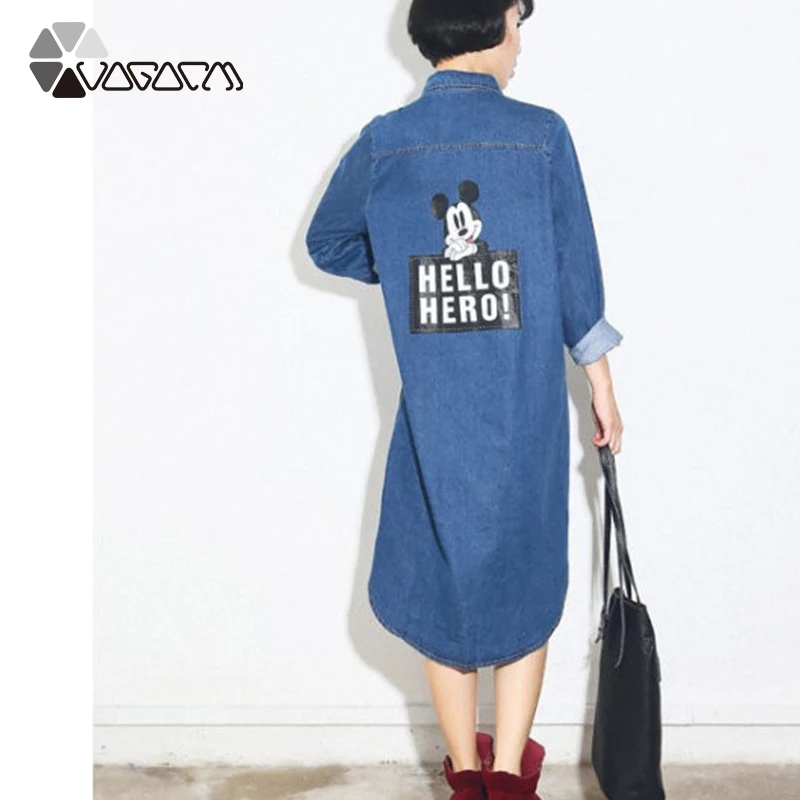 

2019 Women Mickey Mouse Cartoon Print Denim Dress Sundress Overalls Blue Streetwear Loose Female Jeans Plus Size Dresses