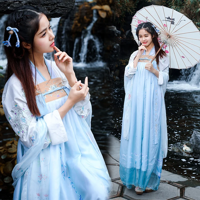 Китайский стиль Hanfu 2 шт./компл. улучшенной свежий и элегантный фея студентов ежедневно вышивка весна осень костюм DL3768