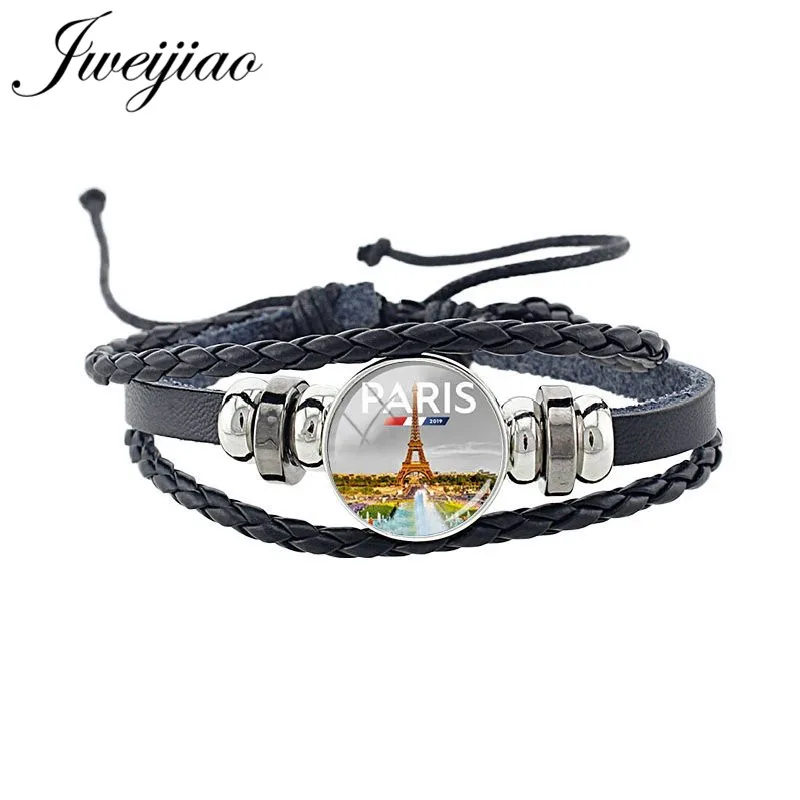 

JWEIJIAO Paris Eiffel Tower PU Leather Bracelet Glass Cabochon Picture Dome Charm Cord Bracelet Bangles Punk Jewelry PR44
