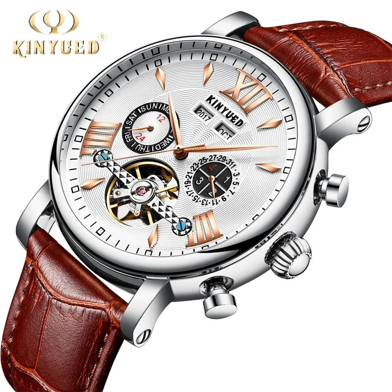KINYUED Flying Tourbillon Watch Men Leather Waterpoof Perpetual