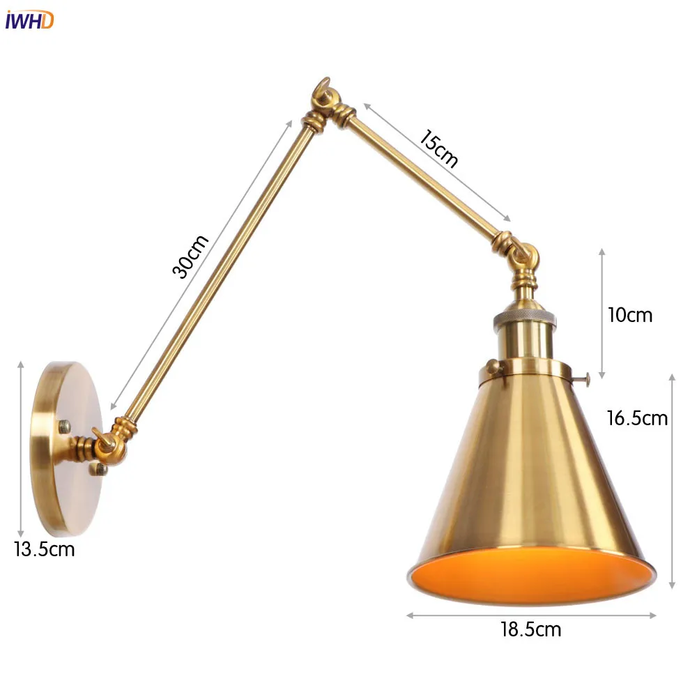 IWHD Золотая настенная лампа с длинным кронштейном винтажная спальня Лофт Регулируемые промышленные настенные светильники бра светодиодный стиль Эдисона домашнее освещение - Цвет абажура: Gloden