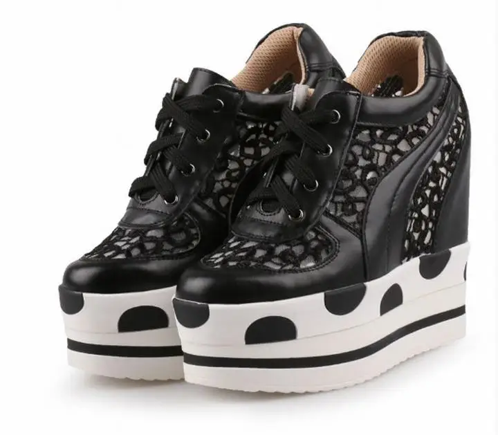 Cyabmoz Для женщин танкетке женская обувь на платформе увеличивающие рост высокие каблуки Кружево до Белая Дамская обувь Zapatillas Deportivas Mujer - Цвет: black