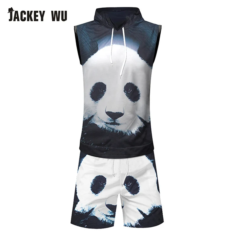 JACKEYWU Для мужчин комплект 2019 Летняя мода с принтом панды короткий рукав футболка Короткие шортики для пляжа спортивный костюм Для мужчин