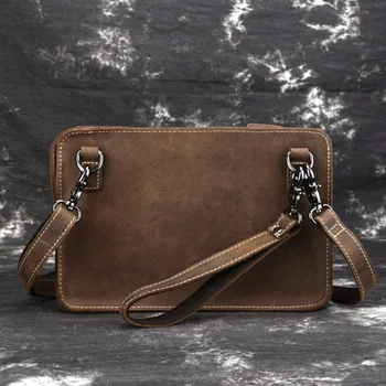 

Men's Crazy Horse Genuine Leather Messenger Shoulder Pack Documents Portable Clutch Bag Portable Wrist Bag Wallet Handbags