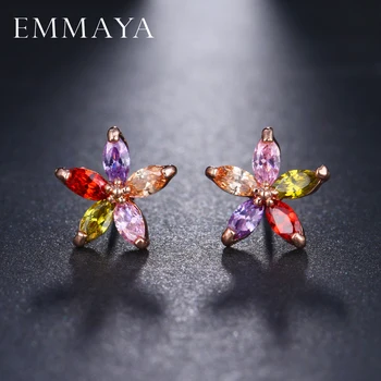 EMMAYA Multicolor Stones CZ Earrings For Womens Flower Cubic Zirconia Crystal Rose Gold Color Studs Earings