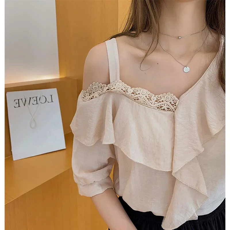 

Women's Blouse Summer New Korean Ruffle Chiffon Shirt Women Short-Sleeved Bare Shoulders Sweet Shirt Fashion Summer Womens Tops