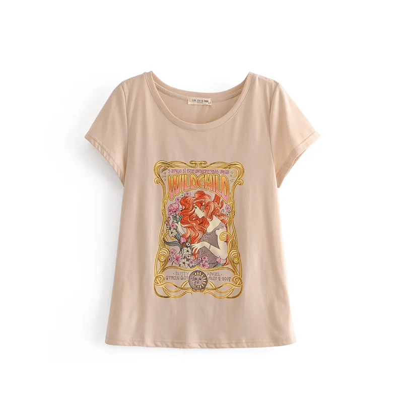 Boho Vintage chic happie Women Cotton Top O-Neck cartoon rose print T-shirts ladies short sleeve Tee shirts oversize