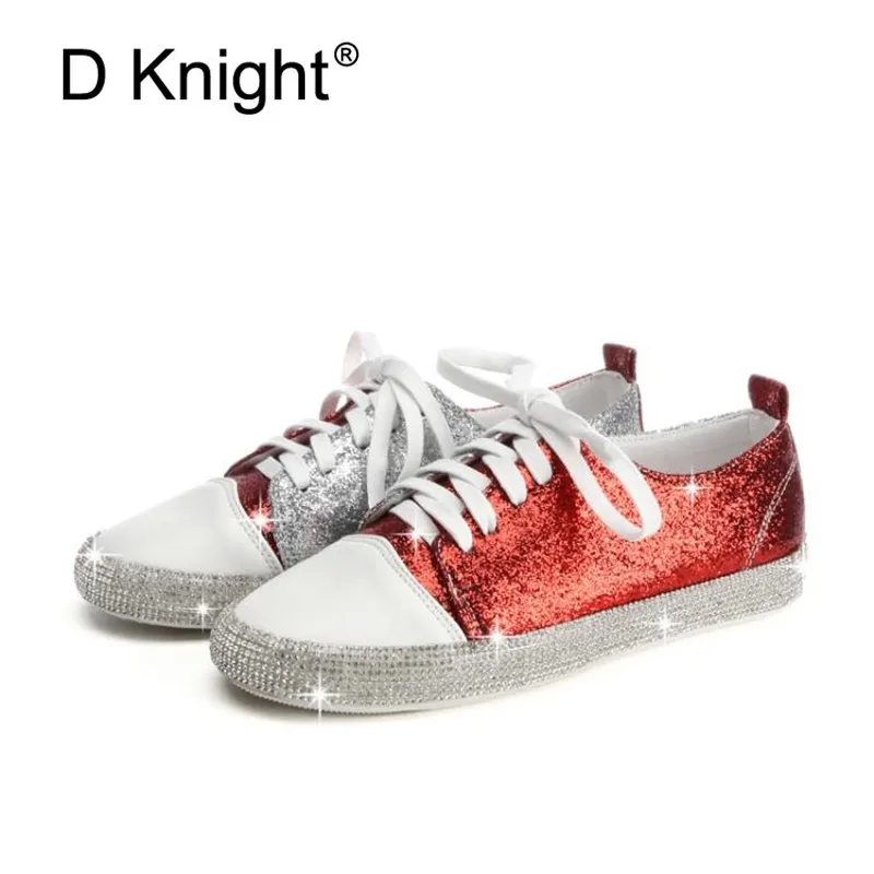 

2019 Autumn women sneakers oxford shoes flats shoes women bling crystal lace up boat shoes round toe flats moccasins big size 44