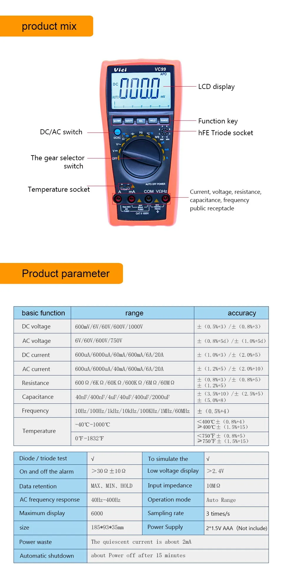 VICI VC99 ЖК-цифровой мультиметр 1000 В AC DC измеритель емкости сопротивления+ тепловой парный термометр тестер с мешочком