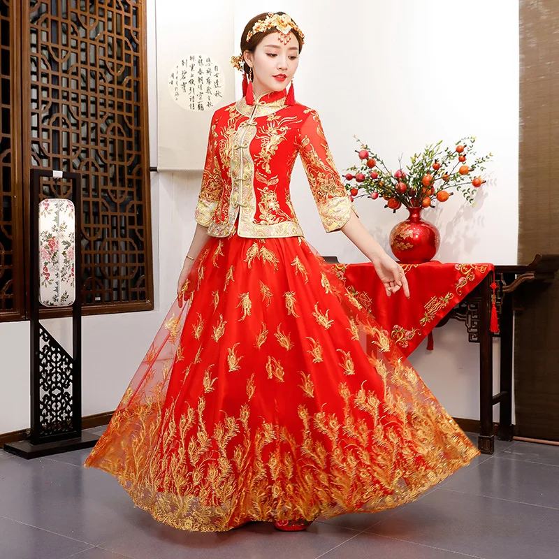 Для женщин традиционный Cheongsam свадебные платья невесты красный китайское платье Ципао Феникс Вышивка халат Восточный Стиль платья