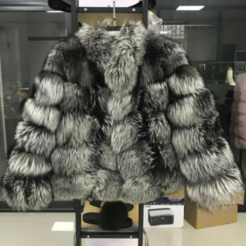QIUCHEN PJ8139-1,, новое зимнее плотное меховое пальто, куртка из натурального Лисьего меха, высококачественное пальто из лисьего меха, верхняя одежда с воротником-стойкой - Цвет: silver