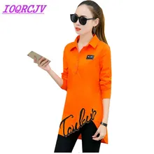 Осенний пуловер рубашка Для женщин средней длины с длинными рукавами свободного кроя Футболка Письмо Печать Нерегулярные футболки Повседневное Топы B026