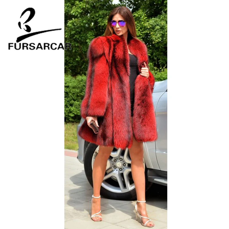 FURSARCAR/Роскошная парка, натуральный Лисий мех, Женское пальто, длинное зимнее пальто с отложным воротником для женщин, новинка, красный цвет, большие размеры