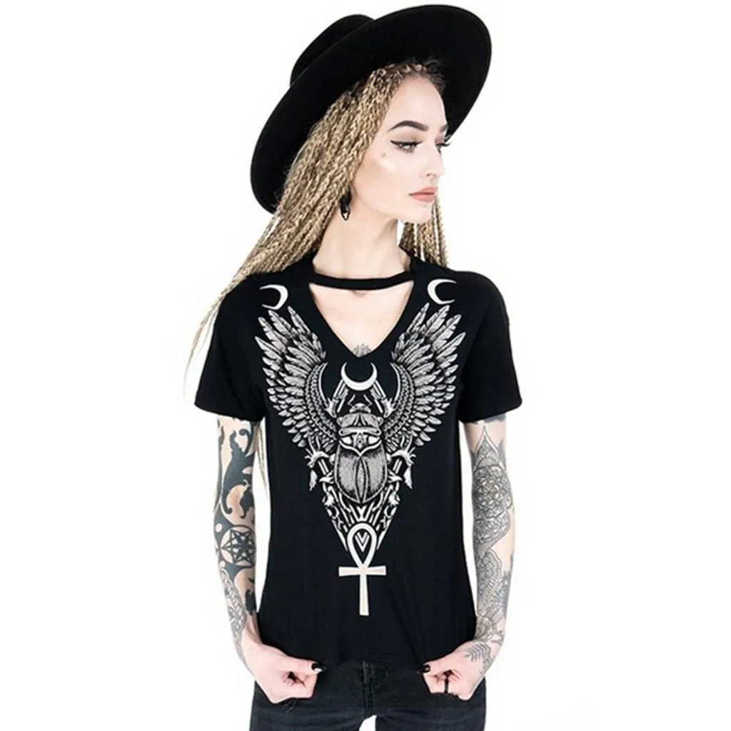 

Women's Fashion Gothic Style Blouse Punk Girl Summer Tops Short Sleeve shirts V-neck Tops Print Cotton Top Blusas Cortas C25