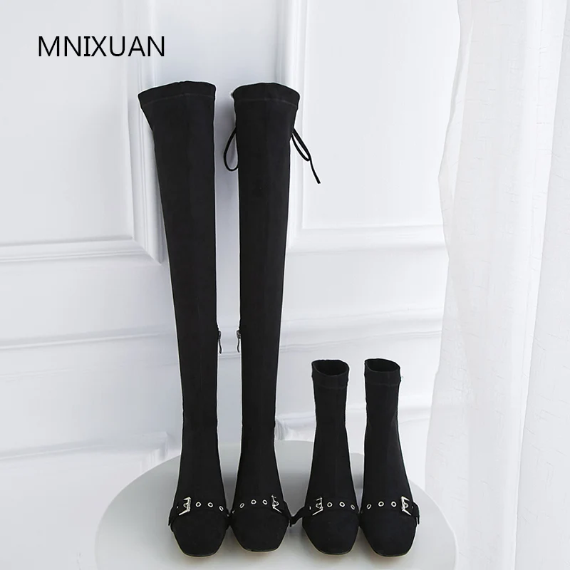 

MNIXUAN Sexy over the knee thigh high boots women shoes 2019 new stretch suede square toe high heels long boots big size 40 41
