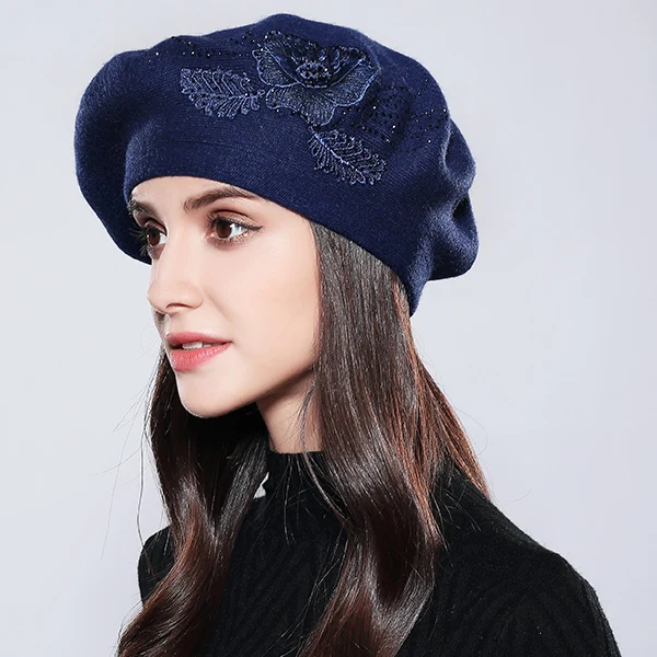 Капот Femme женский берет из хлопка и шерсти бренд вязаный модный цветок осень зимние шапки для женщин Шапки# MZ741 - Цвет: Navy Blue
