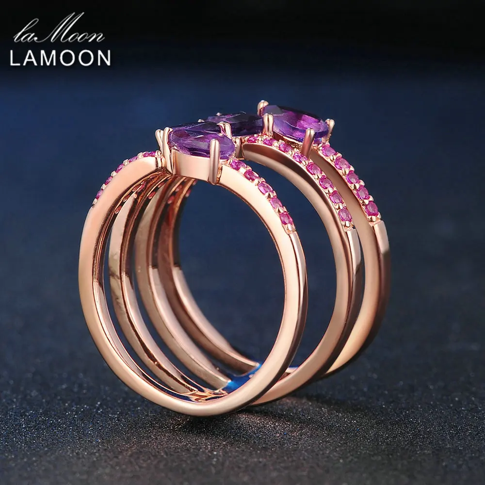 LAMOON 4 Pieces 5x3mm 100% Natural Amethyst 925 Sterling Silver Ring Cocktail Jewelry Purple Gift Girlfriend LMRI042