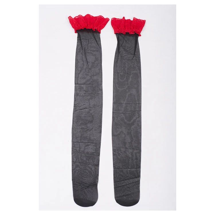 Высококачественные женские кружевные высокие прозрачные чулки выше колена, Сексуальные облегающие высокие колготки, 4 цвета, лето - Цвет: 20141 black red