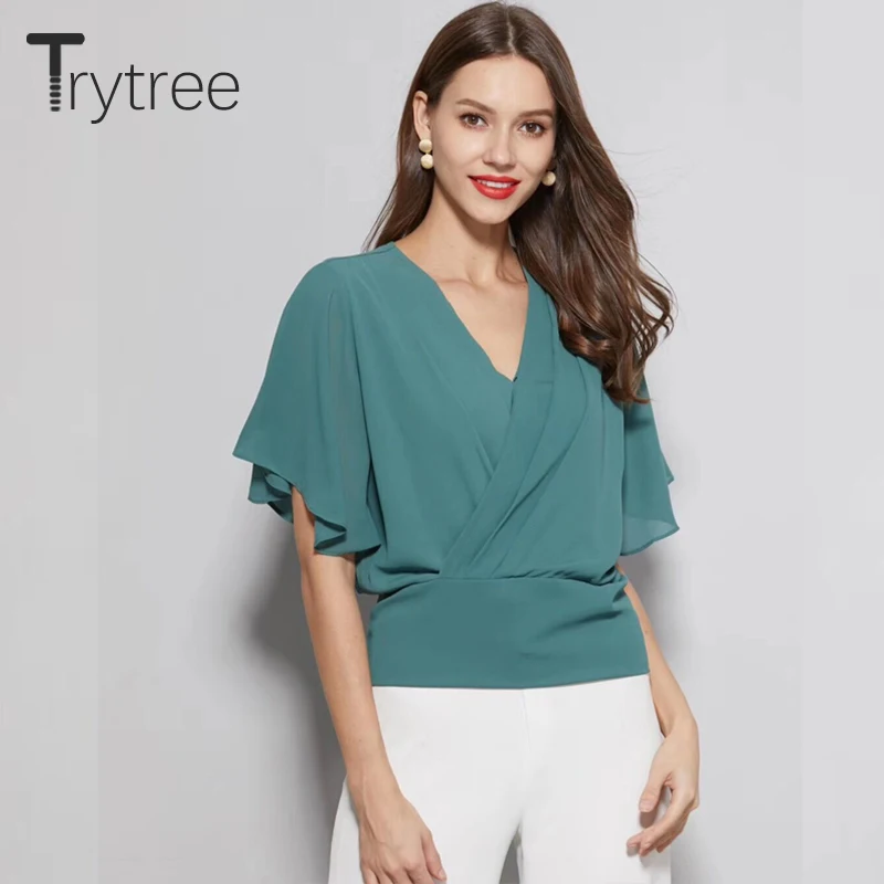 

Trytree Summer Top Women Blouse Casual Solid Green Shirt Tops V-Neck Silk Polyester Batwing Sleeve Ruffles Office Lady Shirts