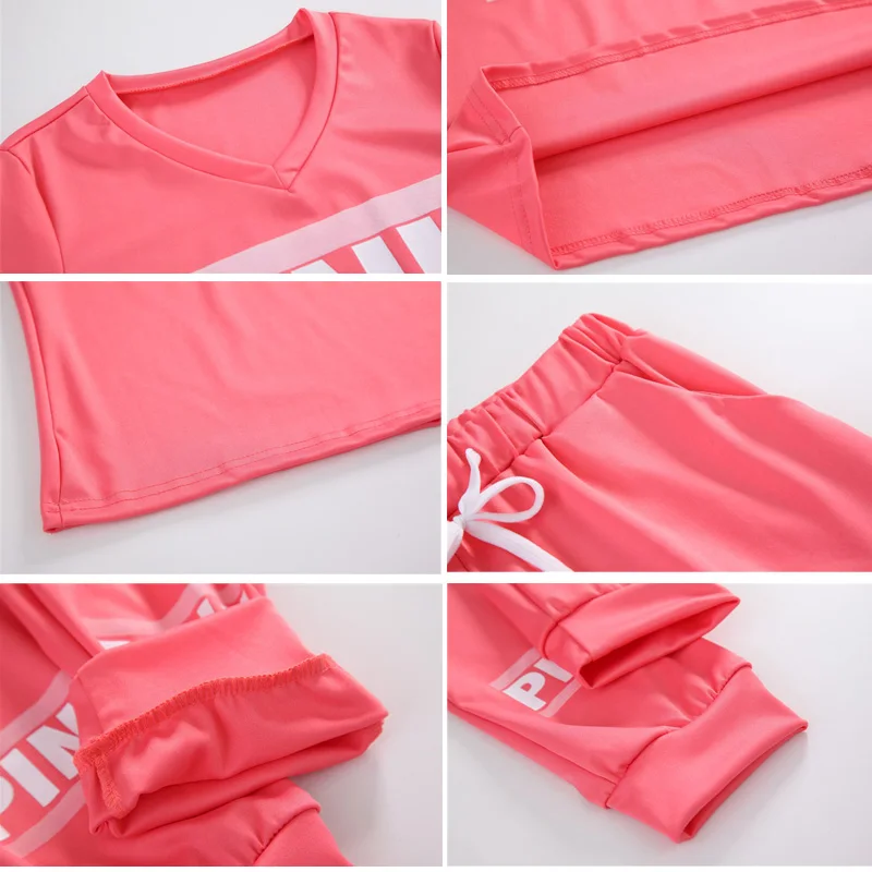2019 Pink Letters Print Women 2Pcs Set Short Sleeve V Neck Top Tee Long Pants Tracksuit Female Set Fashion Outfits Sportswear 2019 Pink Letters Print Women 2Pcs Set Short Sleeve V Neck Top Tee Long Pants Tracksuit Female Set Fashion Outfits Sportswear
