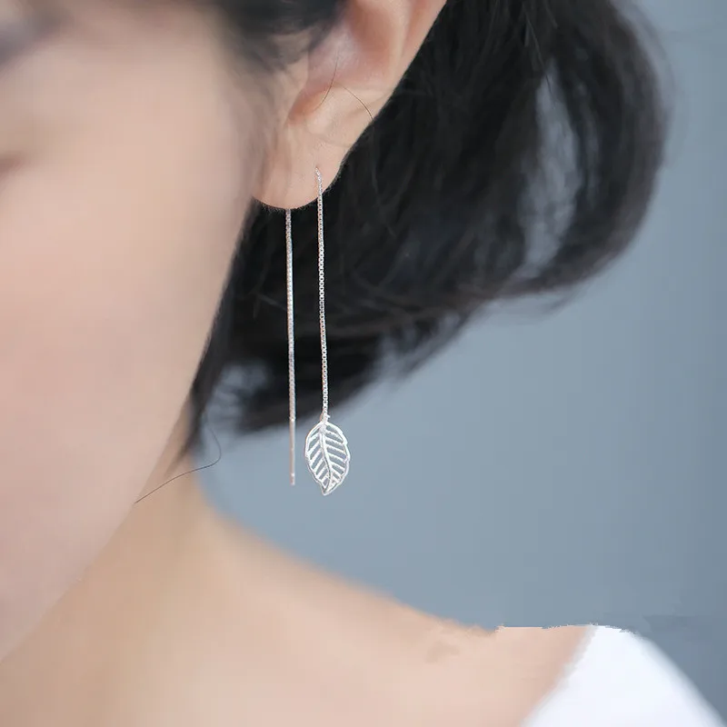

2019 Single Long Chains Earrings Pure 925 Sterling Silver Plant Leaves Long Drop Earrings For Women Girls Party Jewelry Gifts