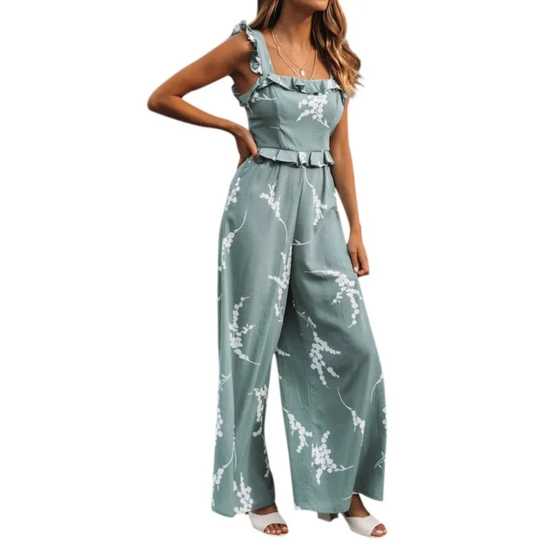 2019 Women Spring Summer Straps Ruffled Floral Print