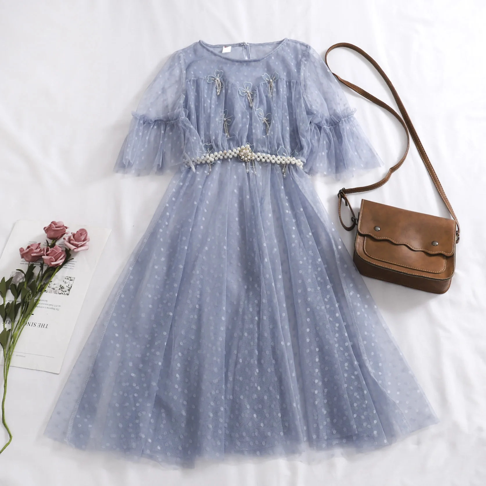 

Women Flare Sleeve Pearl Bead Belt Sashes Ruffles Tulle Dress Vintage Elastic Slim Polka Dot Mesh Gauze Voile Pleated Midi Dress