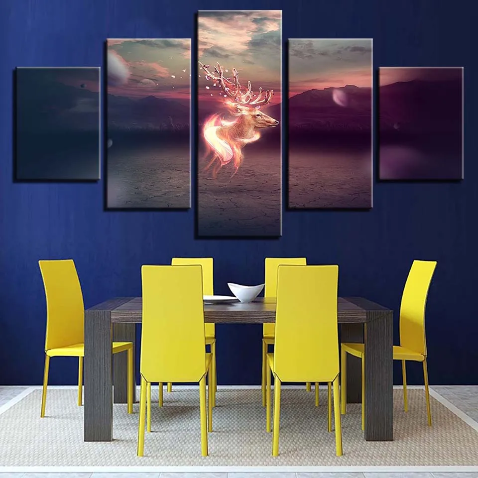 

Wall Art Pictures Home Decor Poster Frame 5 Pieces Abstract Glowing Animal Deer Landscape HD Printed Modern Painting On Canvas
