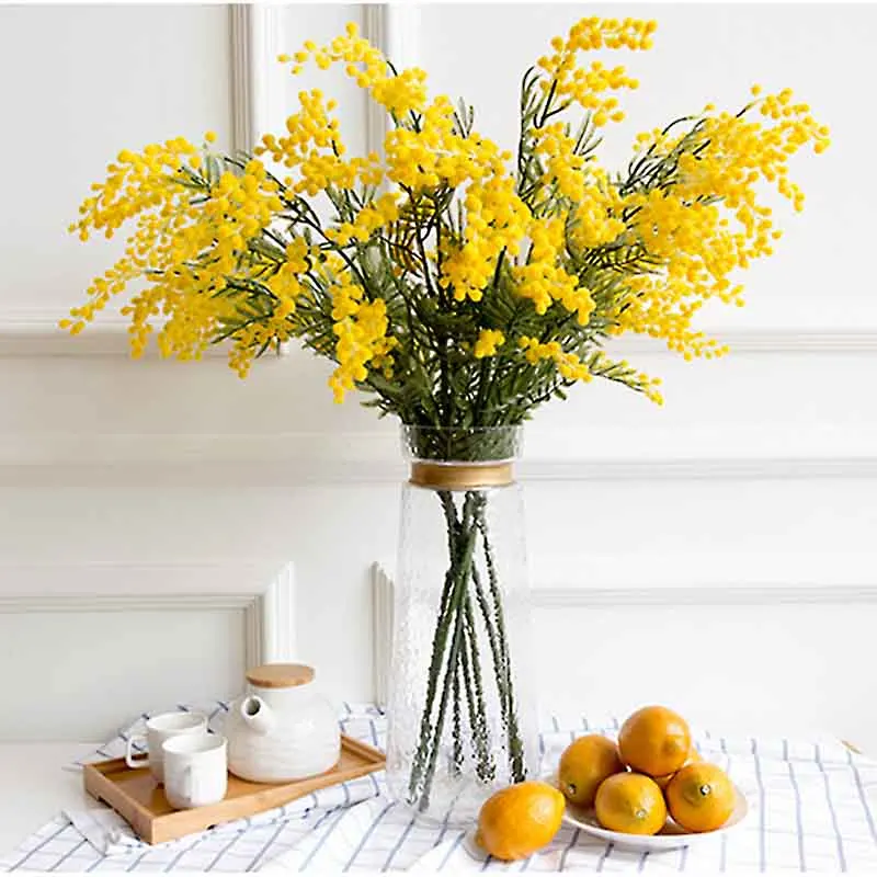 

Hot Artificial Plastic Fake Flower Simulation Yellow Plush Acacia Flowers For Wedding DIY Home Living Room Decoration Supplies