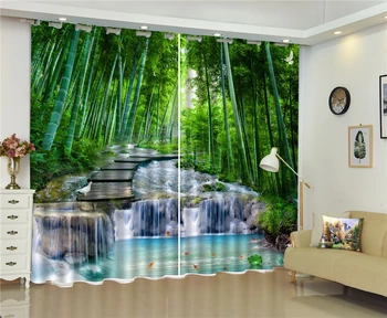 

Custom 3D Curtain Green Bamboo Forest fish Pond Waterfall Landscape Beautiful High-End Shading 3d Landscape Curtains