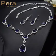 Pera классический темно-синий кубический цирконий камень проложить длинные висячие капли воды ожерелье и серьги ювелирный набор для невест J039