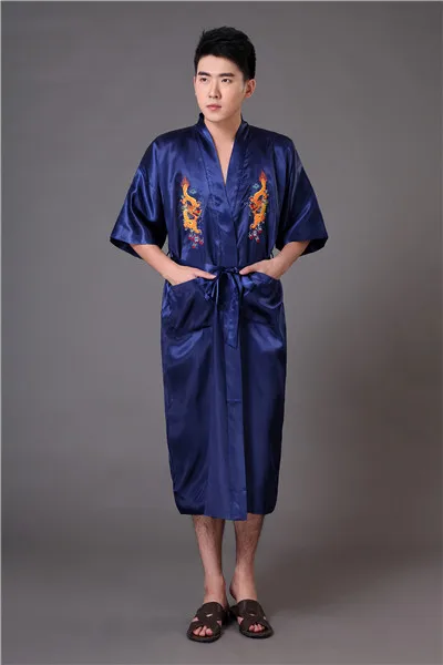 Новинка, двустороннее мужское кимоно, халат, халат, китайский стиль, атласный банный халат, вышивка, пижама с драконом, Размеры S M L XL XXL XXXL MP076 - Цвет: Navy Blue