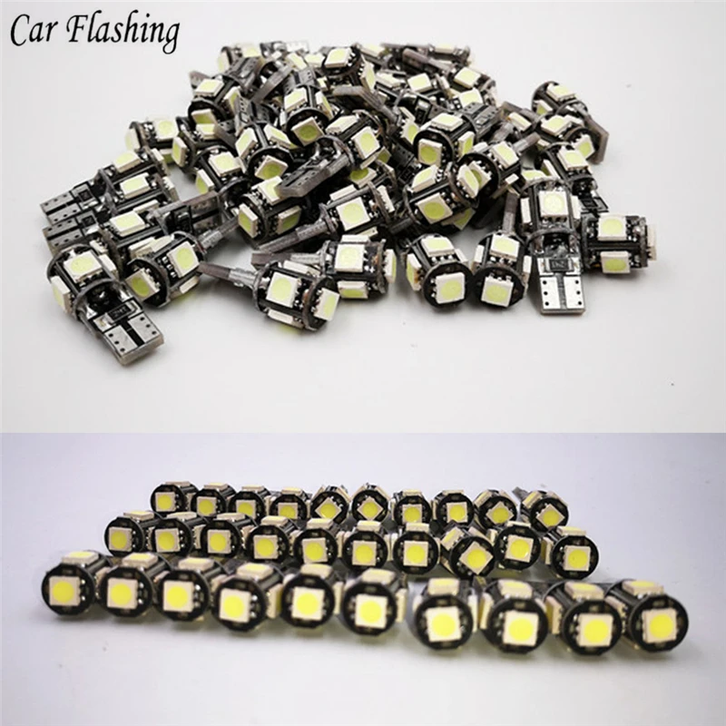 

car flahsing 50PCS Super bright W5W 194 168 5 SMD DC 12V Wedge Lamp Parking lamp T10 5050 Canbus Error Free Car Interior Lights