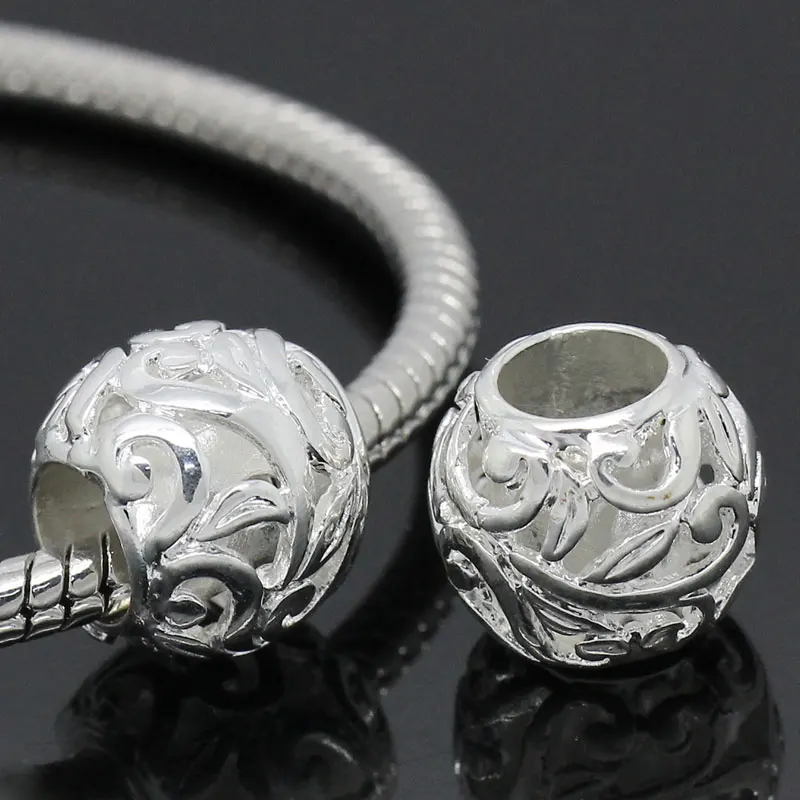 

10PCs DoreenBeads Copper European Charm Beads Round Silver color Flower Carved Pattern 12mm Dia, Hole:5.8mm