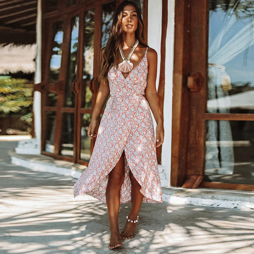 

Women Long Dress Summer 2019 Sexy V-Neck Floral Sling Backless Floral Print Sleeveless Female Dress Party Wrap Sundress Robe