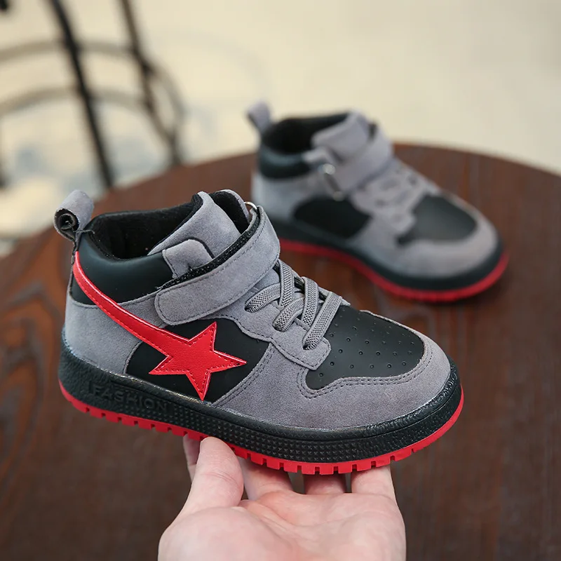 

Fashion 2019 Spring Autumn PU Leather Red Five-pointed Star Rubber Casual Shoes for Boys Girs Kids Shoes Hook & Loop Sneakers