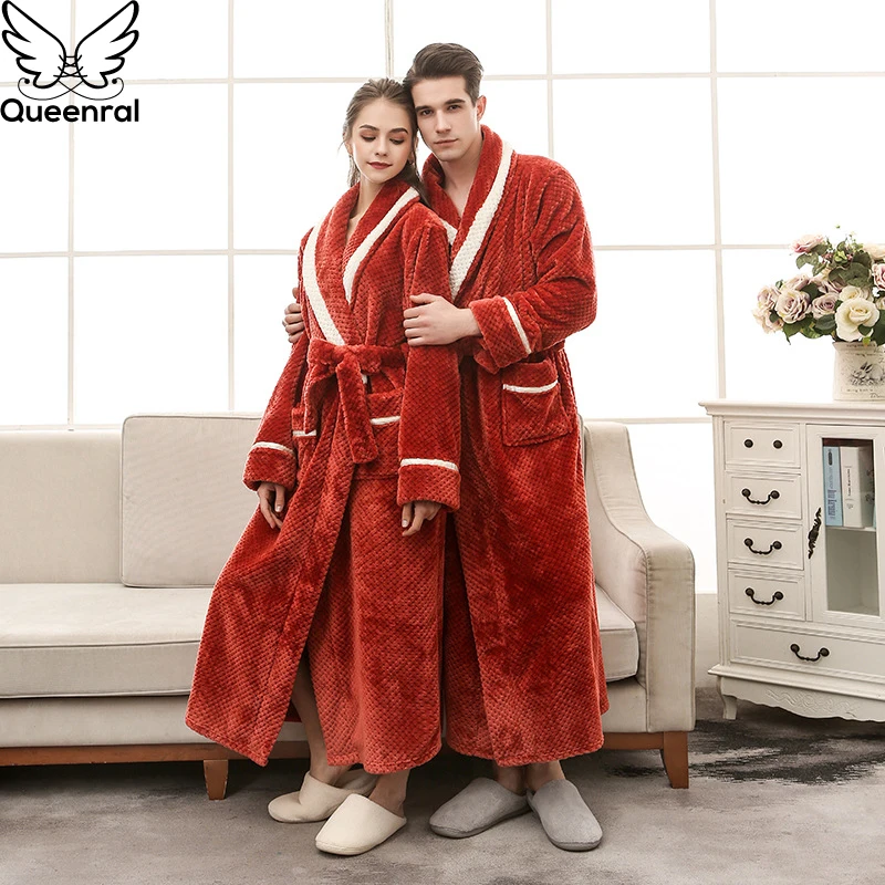 Queenral Men/Women Winter Thermal Long Bathrobe Lovers Thick Warm Robe Plus Size M XL XXL Nightgowns Dressing Gowns Home Clothes