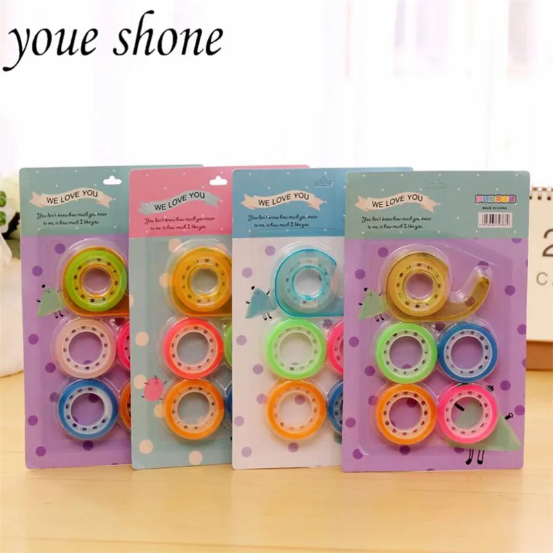

6Pcs=1sets Creative Kawaii Candy Colors Transparent Adhesive Tape And Single-Side Tape Cutter Combination Suit Stationery