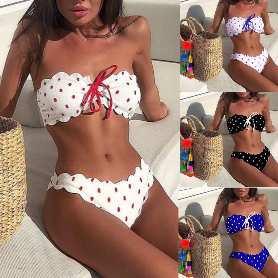 

2019 Lace Up Swimsuit Female Off Shoulder Swimwear Dot Print Bathing Suit Special Fabric Beachwear Women's Swimming Suit