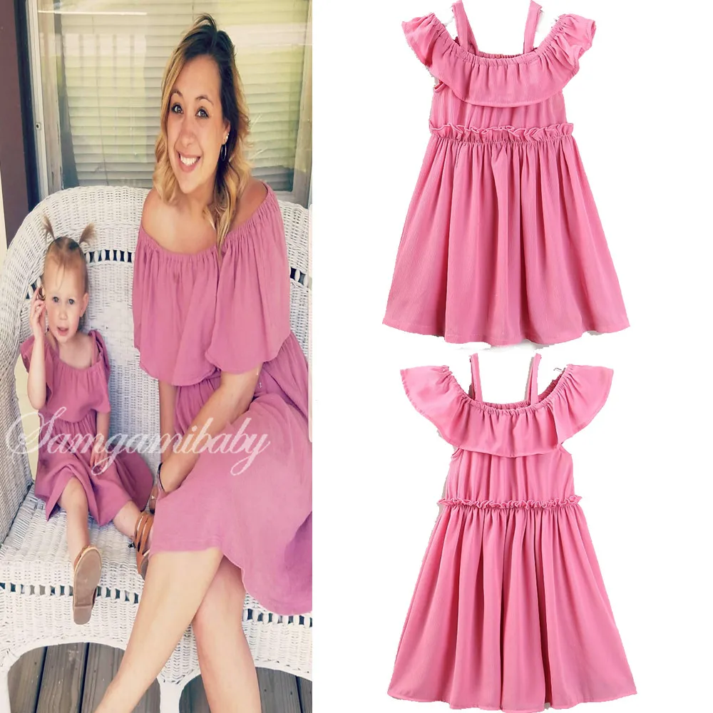

SAMGAMI BABY 2018 Parents and Children Clothes Summer Chiffon Pink Condole Belt Dress Mother Daughter Dresses Girl child outfits
