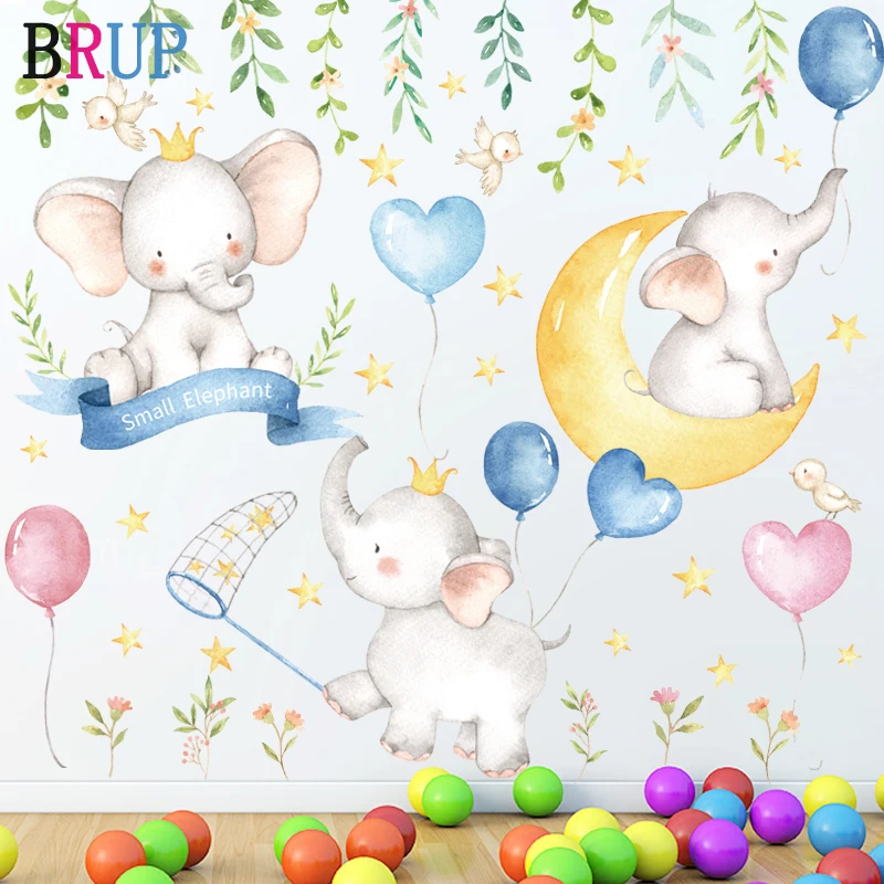 

Cartoon Small Elephants Balloon Moon Wall Stickers Paint Style for Living Room Kids Room Wall Decal Baby Nursery Wall Decor Gift