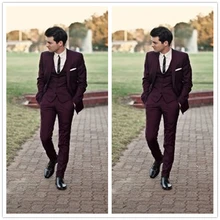 Custom Made Handsome Burgundy Men Suits Wedding Prom Tuxedos Best Man Bridegroom Wear 3 Pieces Morning Dress Jacket+Pants+Vest
