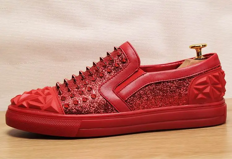 Mode Casual Bling Chic Chaussures De Rivets Homme Sur Confort Mocassins Mâle Luxe Glitter Slip rouge Noir Rouge Avant Errfc Tendance Hommes xoWCerQdB