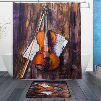 

Musical Music Shower Curtain and Mat Set, Violin Retro Waterproof Fabric Bathroom Curtain