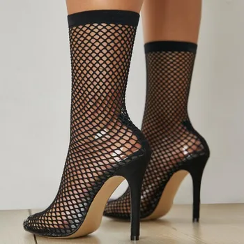

Ankle Boot Pointed Toe Women Thin High Heels Mesh PVC Hollow Stretch Fabric Sock Boots Sandals Net Breathable Booties Mujer C69