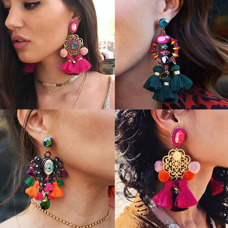 

FASHIONSNOOPS Boho Statement Jewelry Long Tassel Big Earring Dangle Drop Crystal Earring For Women Oorbellen