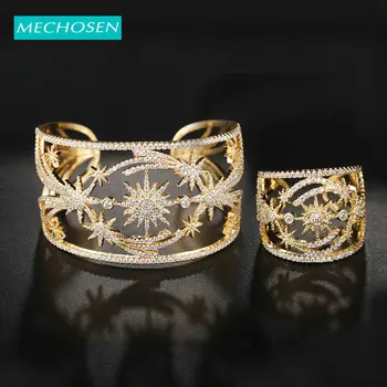 

MECHOSEN Luxury Dubai Big Bangle Ring Flower Hollow Out Gold Color AAA Cubic Zircon For Women's Wedding Bride Dress Jewelry Set