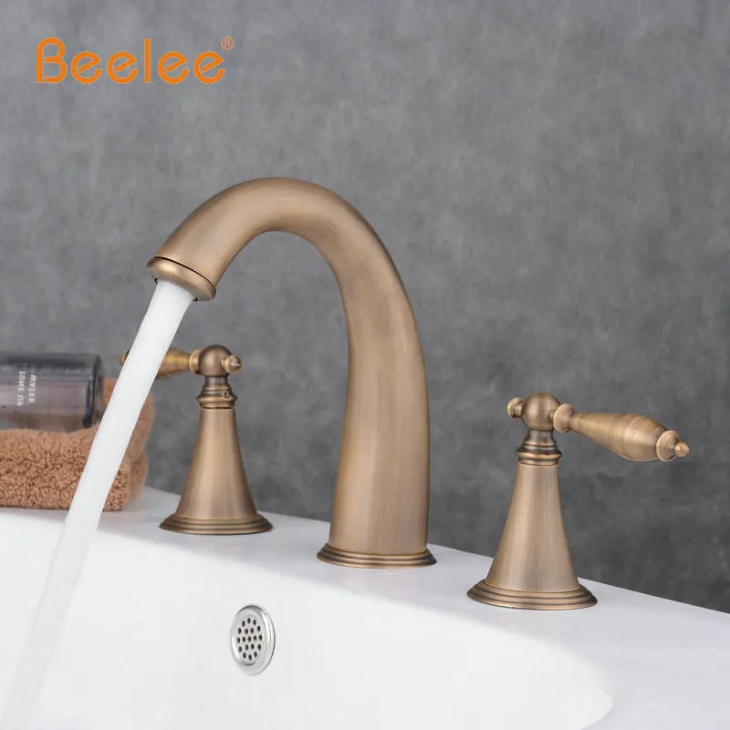 Beelee 4 ألوان 3 ثقوب العتيقة النحاس الطابق الخيالة الحمام صنبور حوض خلاط حوض حمام بالوعة الغرور صنبور مياه الحنفية حمام الحنفيات