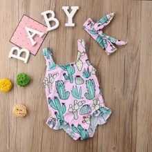 Новинка года; летний купальник с принтом кактуса для маленьких девочек+ повязка на голову; комплект из 2 предметов; Купальник; выберите размеры