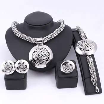 

Latest Luxury Big Dubai Silver Plated Jewelry Sets Fashion Nigerian Wedding African Beads Costume Necklace Bangle Earring Ring